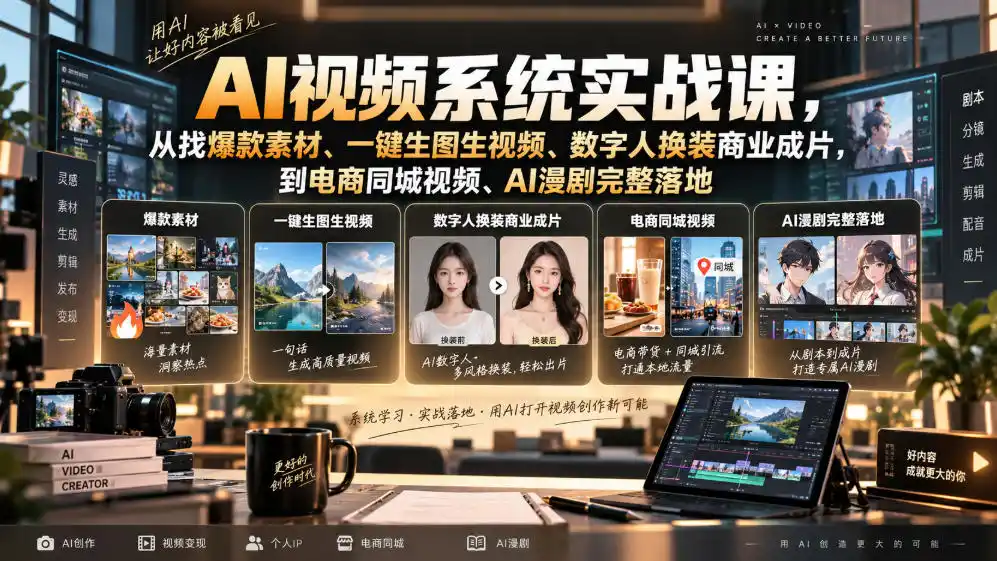 AI视频系统实战课，从找爆款素材、一键生图生视频、数字人换装商业成片，到电商同城视频、AI漫剧完整落地-科技美南博客