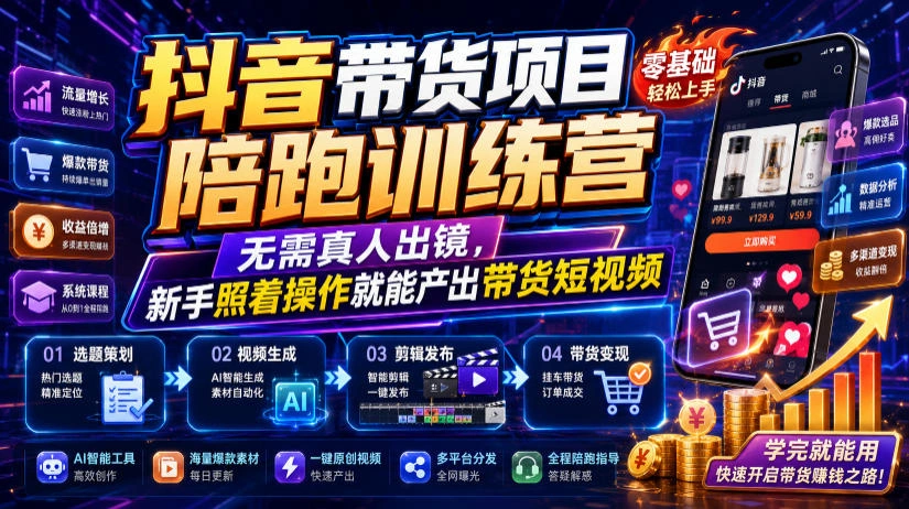 抖音带货项目陪跑训练营,无需真人出镜,新手照着操作就能产出带货短视频-科技美南博客