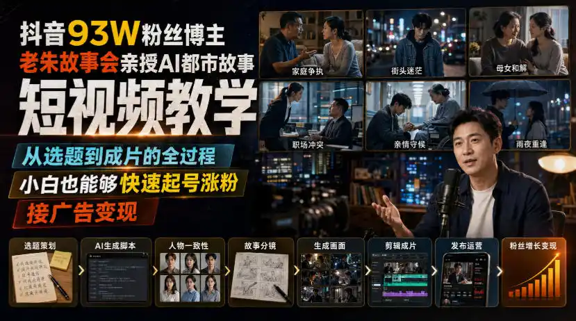 抖音93W粉丝博主老朱故事会亲授AI都市故事短视频教学,从选题到成片的全过程,小白也能够快速起号涨粉接广告变现-科技美南博客