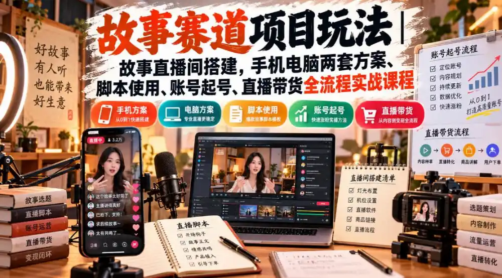 故事赛道项目玩法｜故事直播间搭建，手机电脑两套方案、脚本使用、账号起号、直播带货全流程实战课程-科技美南博客