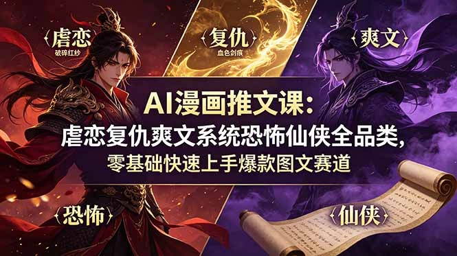 AI漫画推文课：虐恋复仇爽文系统恐怖仙侠全品类，零基础快速上手爆款图文赛道-科技美南博客