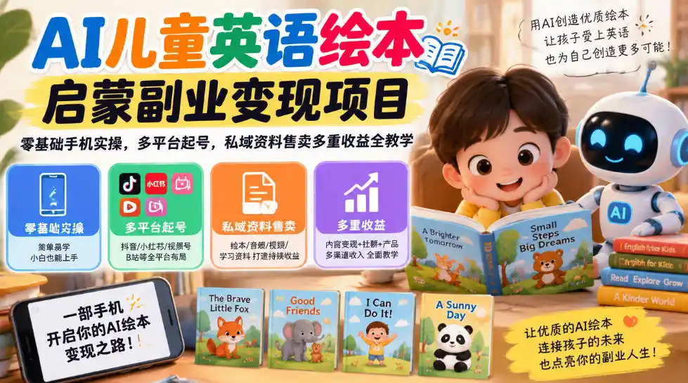 AI儿童英语绘本启蒙副业变现项目，零基础手机实操，多平台起号，私域资料售卖多重收益全教学-科技美南博客