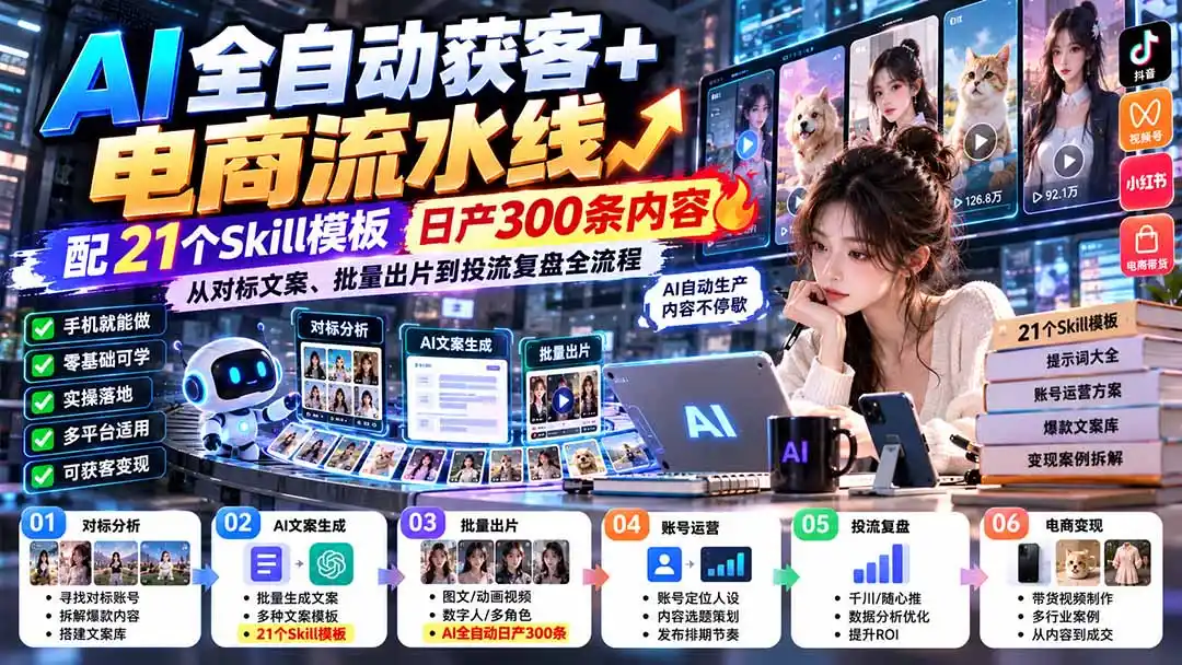 【无水印】AI全自动获客+电商流水线:配21个Skill模板,日产300条内容,从对标文案、批量出片到投流复盘全流程-科技美南博客