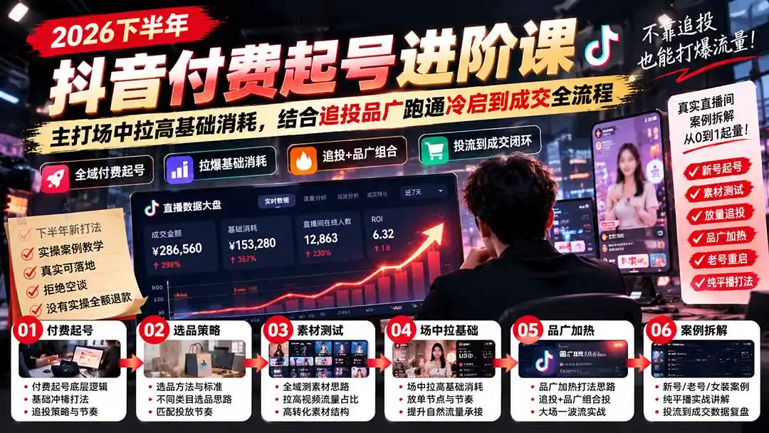 2026下半年抖音付费起号进阶课:主打场中拉高基础消耗,结合追投品广跑通冷启到成交全流程-科技美南博客
