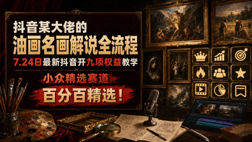抖音某大佬的油画名画解说全流程,7.24日最新抖音开九项权益教学,小众精选赛道,百分百精选!