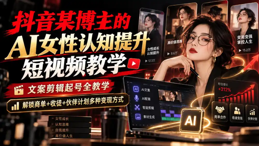 抖音某博主的Ai女性认知提升短视频教学，文案剪辑起号全教学，解锁商单+收徒+伙伴计划多种变现方式-科技美南博客