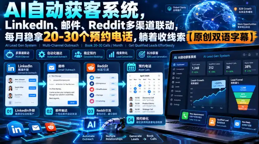 【无水印】AI自动获客系统，LinkedIn、邮件、Reddit多渠道联动，每月稳拿20-30个预约电话，躺着收线索【原创双语字幕】-科技美南博客