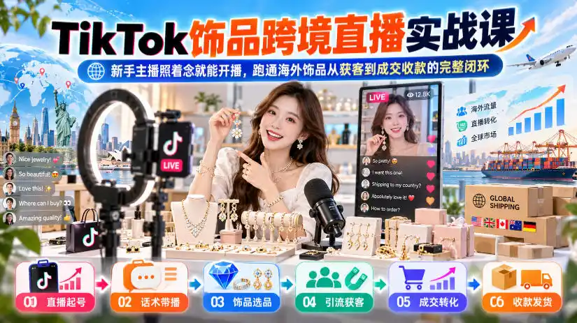TikTok饰品跨境直播实战课，新手主播照着念就能开播，跑通海外饰品从获客到成交收款的完整闭环-科技美南博客
