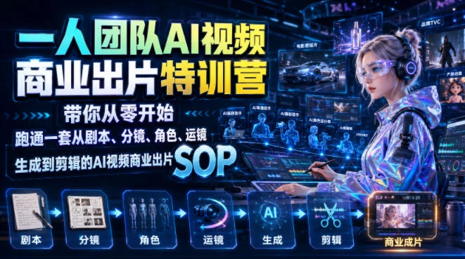 一人团队AI视频商业出片实战课：带你从零开始跑通一套从剧本、分镜、角色、运镜、生成到剪辑的AI视频商业出片SOP-科技美南博客
