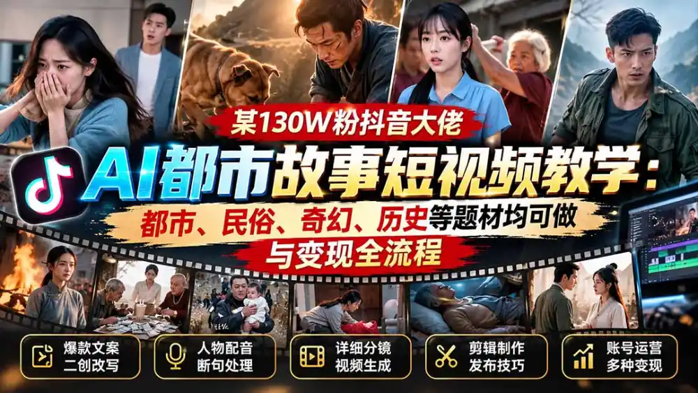某130W粉抖音大佬AI都市故事短视频教学：都市、民俗、奇幻、历史等题材均可做与变现全流程-科技美南博客