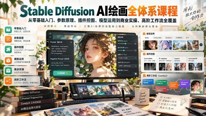 【无水印】Stable Diffusion AI绘画全体系课程，从零基础入门、参数原理、插件控图、模型运用到商业实操、高阶工作流全覆盖-科技美南博客