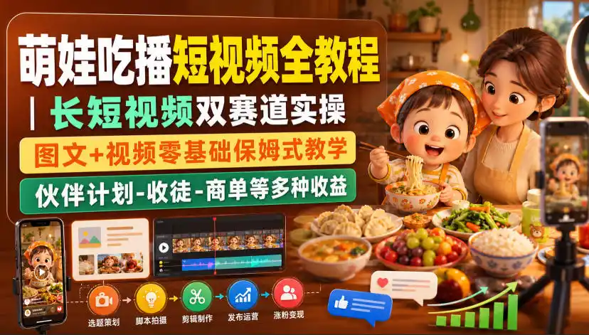 萌娃吃播短视频全教程｜长短视频双赛道实操，图文+视频零基础保姆式教学，伙伴计划-收徒-商单等多种变现方式-科技美南博客