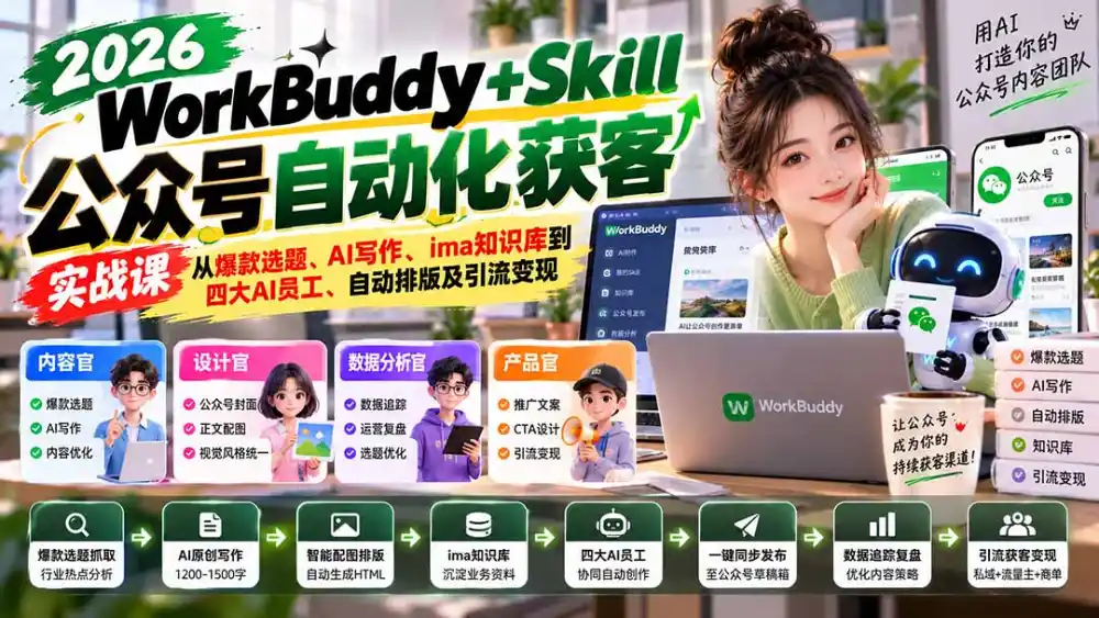 WorkBuddy + Skill公众号自动化获客实战课：从爆款选题、AI写作、ima知识库到四大AI员工、自动排版及引流变现-科技美南博客