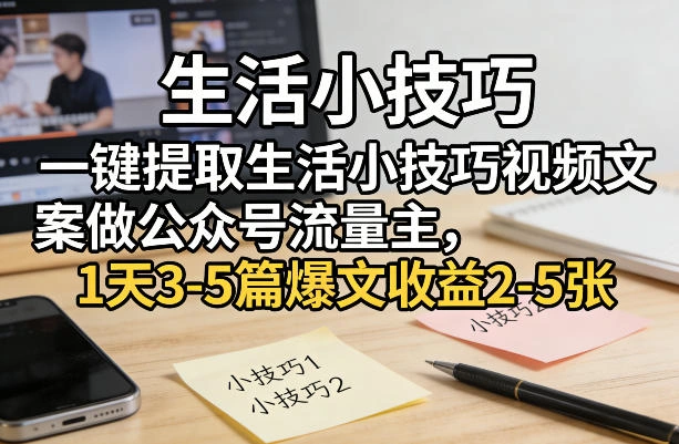 一键提取生活小技巧视频文案做公众号流量主，1天3-5篇爆文收益2-5张-科技美南博客
