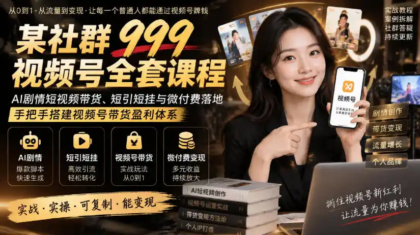 某社群999视频号全套课程，AI剧情短视频带货、短引短挂与微付费落地，手把手搭建视频号带货盈利体系-科技美南博客