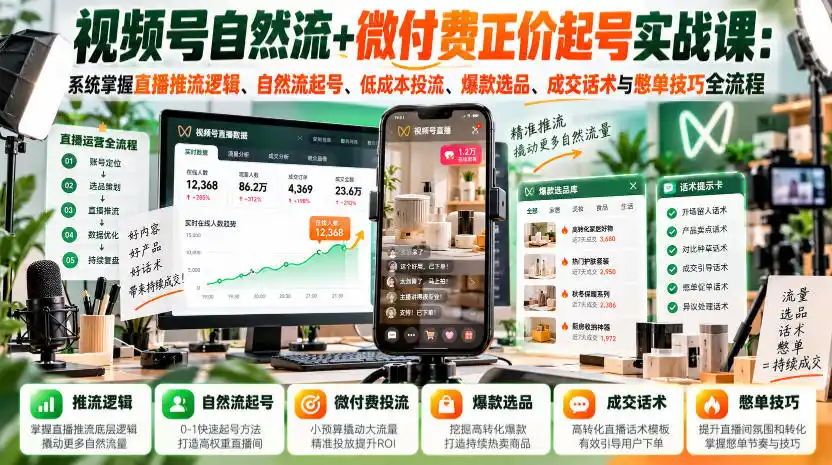 视频号自然流+微付费正价起号实战课:系统掌握直播推流逻辑、自然流起号、低成本投流、爆款选品、成交话术与憋单技巧全流程