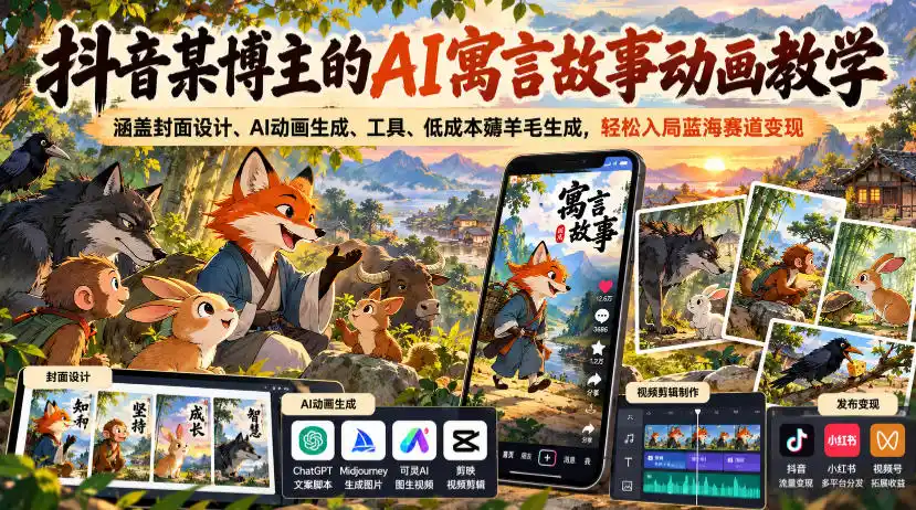 抖音某博主的AI寓言故事动画教学,涵盖封面设计、AI动画生成、工具、低成本薅羊毛生成,轻松入局蓝海赛道变现-科技美南博客