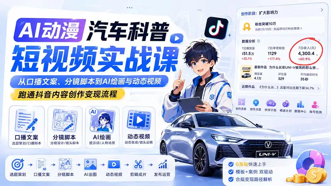 AI动漫汽车科普短视频实战课：从口播文案、分镜脚本到AI绘画与动态视频，跑通抖音内容创作变现流程-科技美南博客