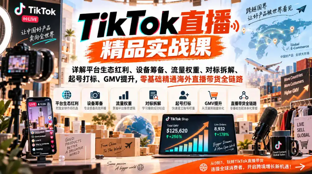 TikTok直播精品实战课，详解平台生态红利、设备筹备、流量权重、对标拆解、起号打标、GMV提升，零基础精通海外直播带货全链路-科技美南博客