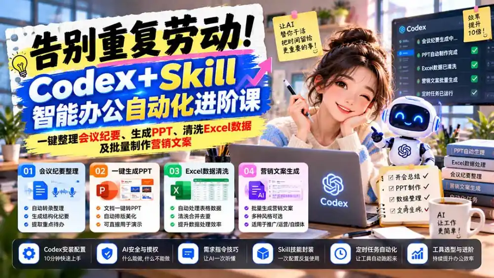 告别重复劳动！Codex+Skill智能办公自动化进阶课：一键整理会议纪要、生成PPT、清洗Excel数据及批量制作营销文案-科技美南博客