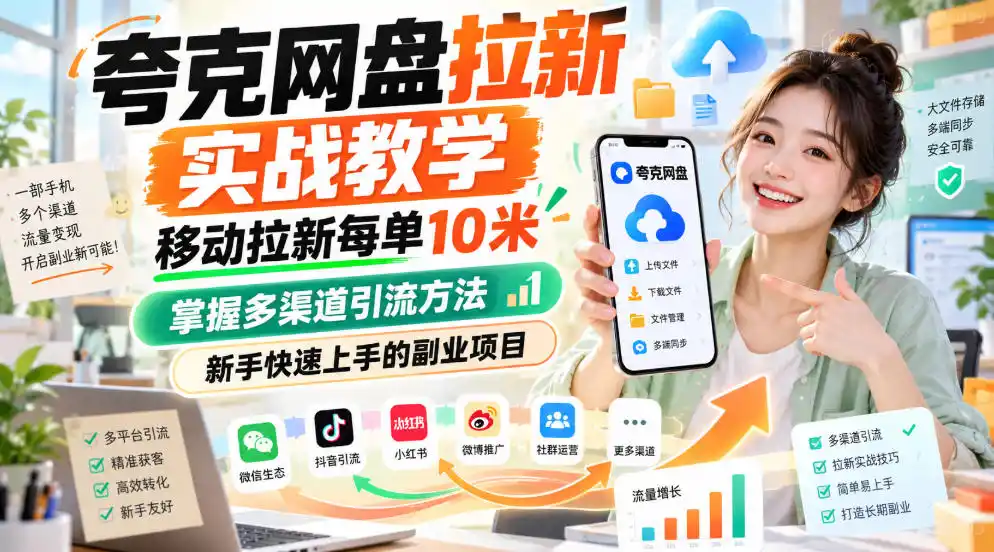 夸克网盘拉新实战教学，移动拉新每单10米，掌握多渠道引流方法，新手快速上手的副业项目-科技美南博客