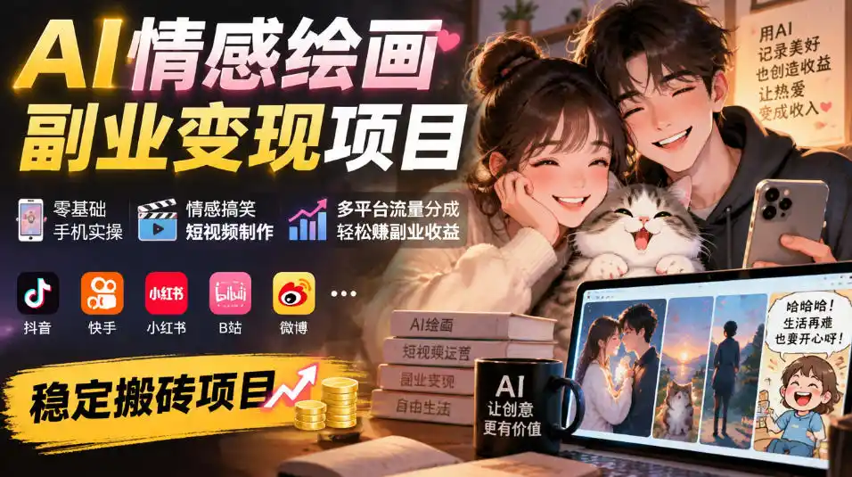 AI情感绘画副业变现项目｜零基础手机实操，情感搞笑短视频制作，多平台流量分成轻松賺副业收益-科技美南博客