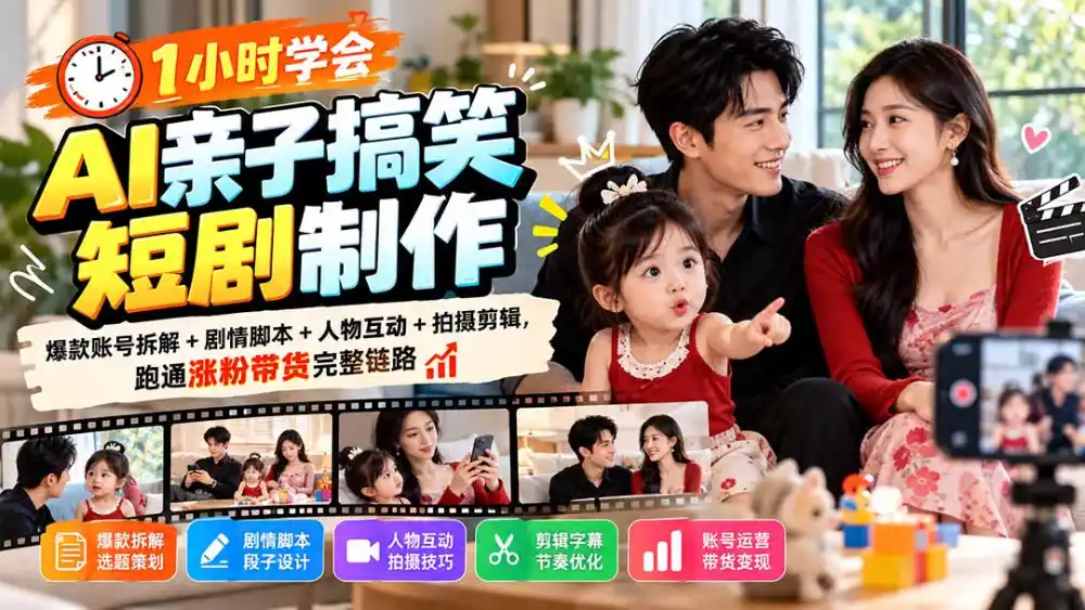 1小时学会AI亲子搞笑短剧制作：爆款账号拆解+剧情脚本+人物互动+拍摄剪辑，跑通涨粉带货完整链路-科技美南博客