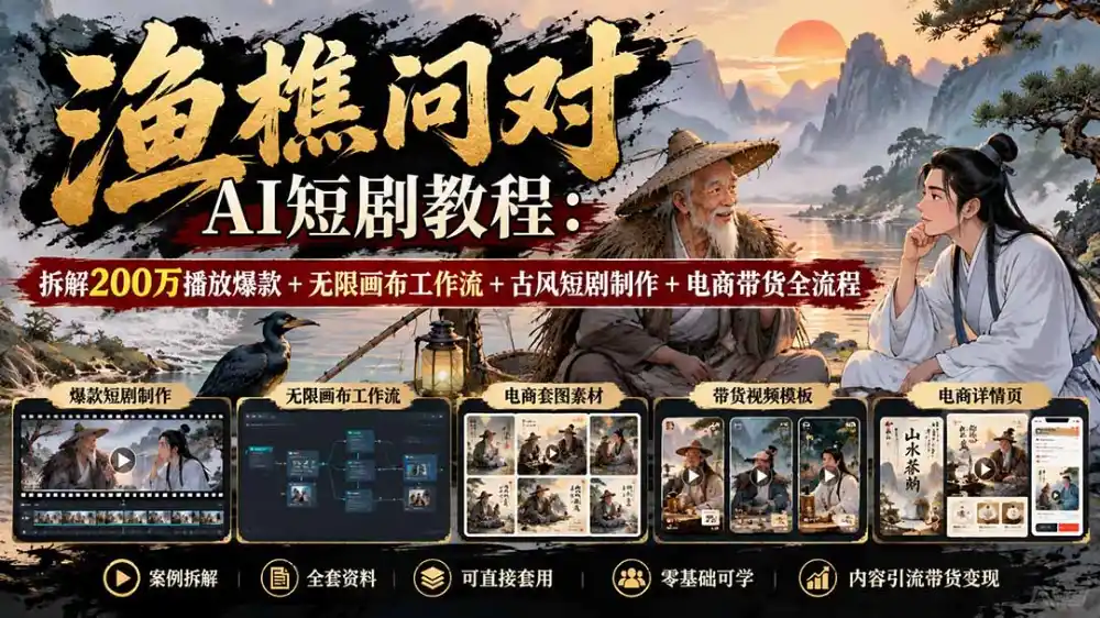 【无水印】渔樵问对AI短剧教程：拆解200万播放爆款+无限画布工作流+古风短剧制作+电商带货全流程-科技美南博客