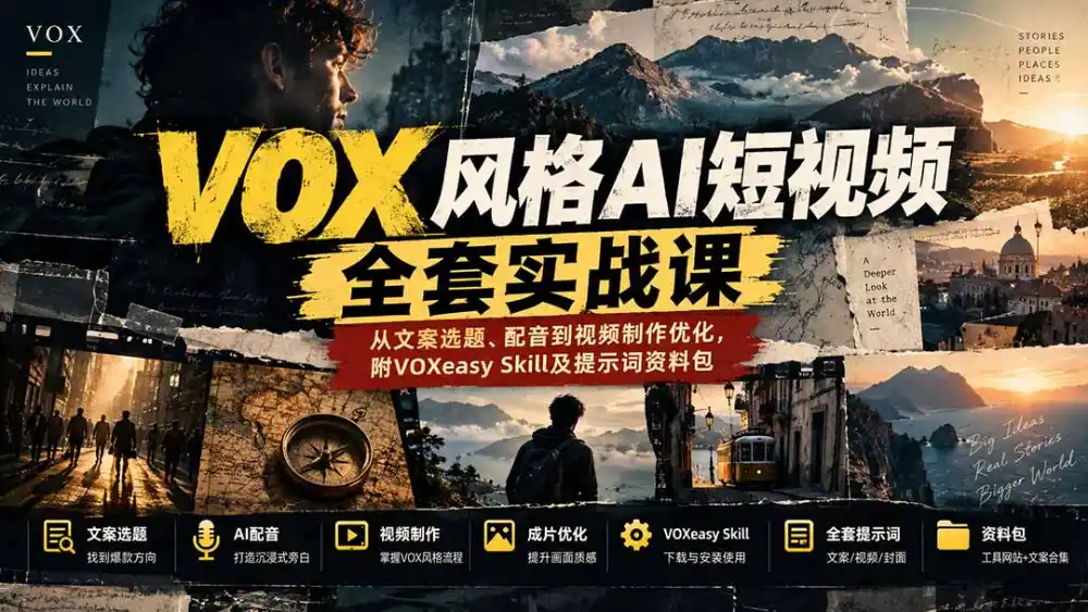 【无水印】VOX风格AI短视频全套实战课:从文案选题、配音到视频制作优化,附VOXeasy Skill及提示词资料包-科技美南博客