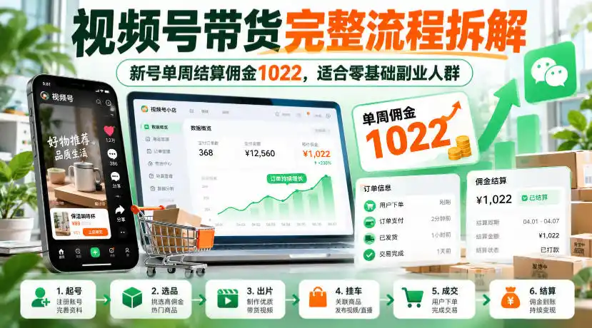 视频号带货完整流程拆解，新号单周结算佣金1022，适合零基础副业人群-科技美南博客