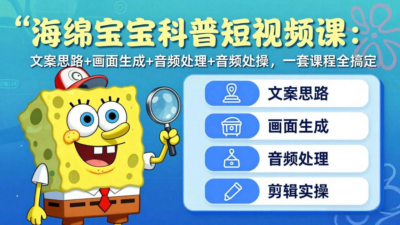 海绵宝宝科普短视频课：文案思路+画面生成+音频处理+剪辑实操，一套课程全搞定-科技美南博客