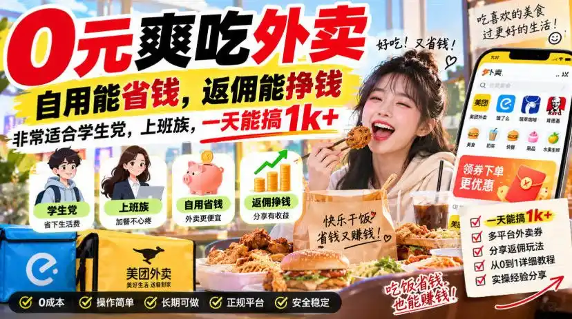 0元爽吃外卖,自用能省钱,返佣能挣钱,非常适合学生党,上班族,一天能搞1k+-科技美南博客