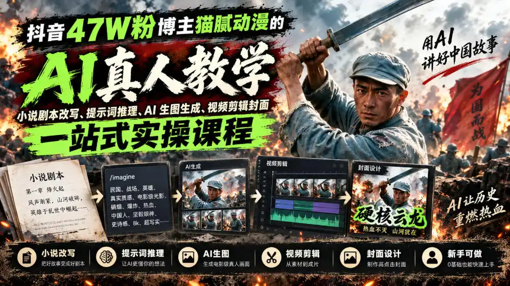 抖音47W粉博主猫腻动漫的AI真人漫剧教学，小说剧本改写、提示词推理、AI生图生成、视频剪辑封面一站式实操课程-科技美南博客