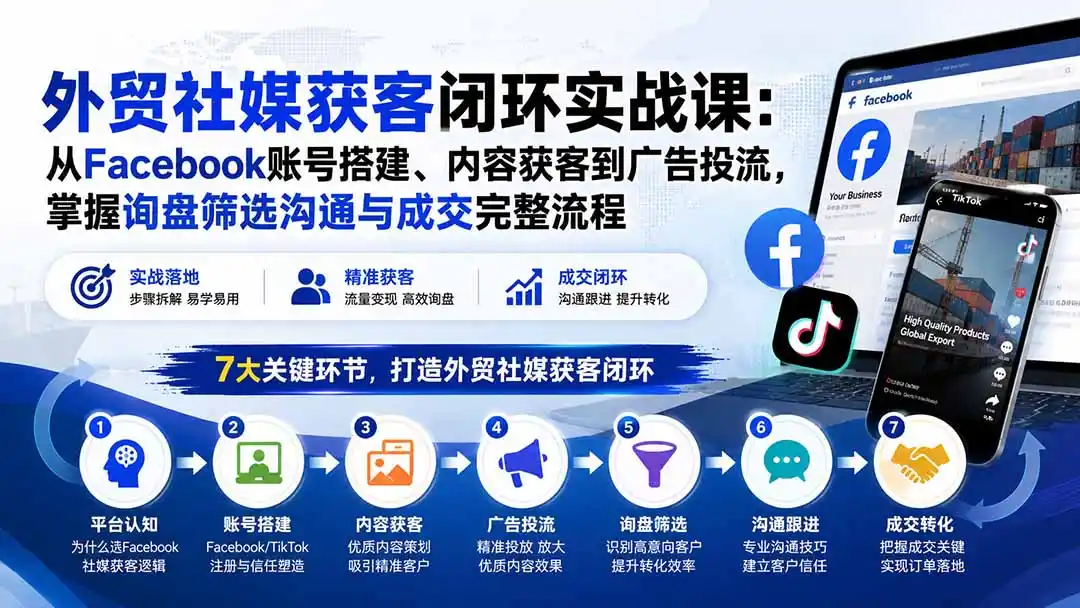 外贸社媒获客闭环实战课:从Facebook账号搭建、内容获客到广告投流,掌握询盘筛选沟通与成交完整流程-科技美南博客