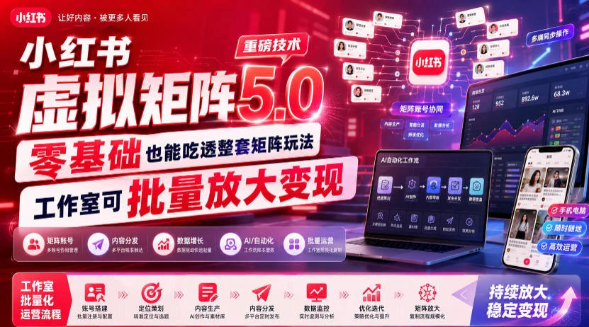 小红书虚拟矩阵5.0重磅技术,零基础也能吃透整套矩阵玩法,工作室可批量放大变现