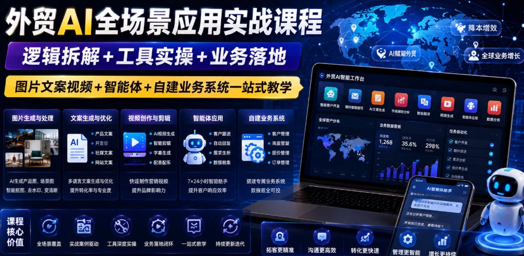 外贸AI全场景应用实战课程｜逻辑拆解+工具实操+业务落地，图片文案视频+智能体+自建业务系统一站式教学-科技美南博客