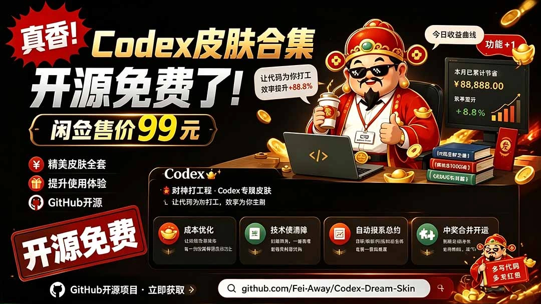 闲鱼售卖99元的Codex皮肤包,GitHub 免费开源了!让你的codex变成精美界面 Codex Dream Skin-科技美南博客
