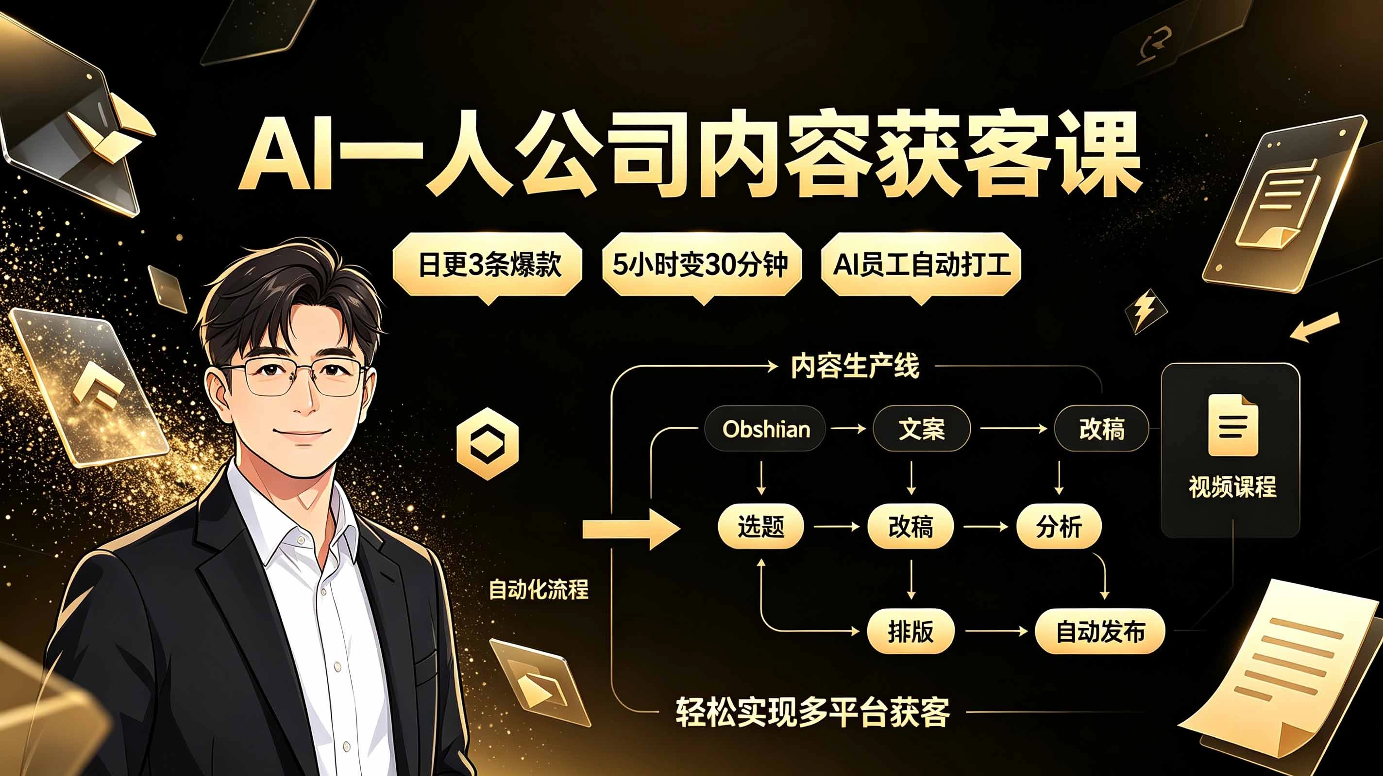 AI一人公司内容获客课：日更3条爆款×5小时变30分钟×AI员工自动打工，轻松实现多平台获客-科技美南博客