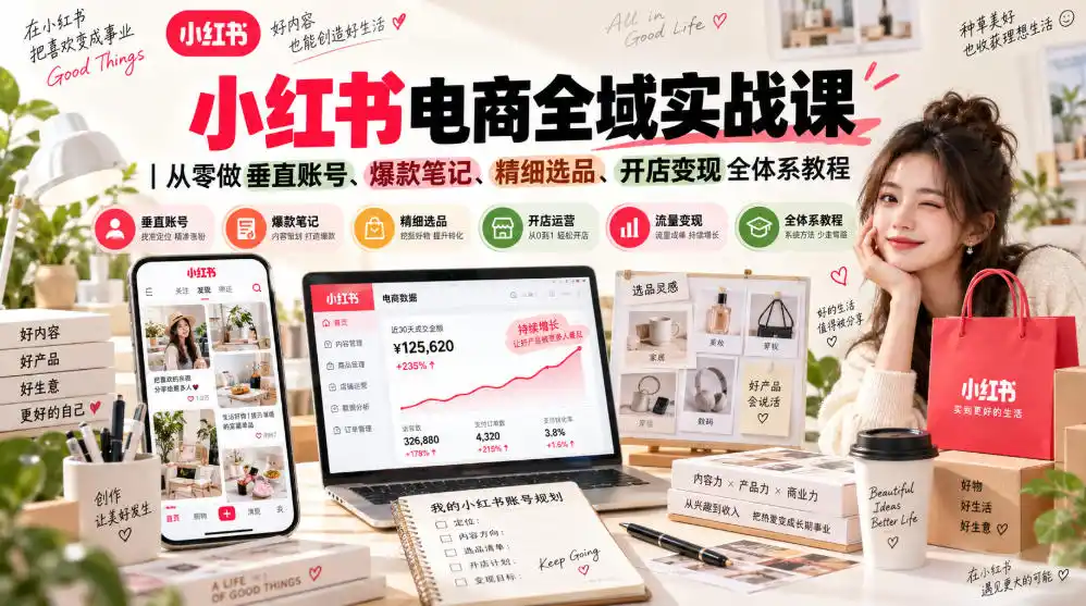 小红书电商全域实战课|从零做垂直账号、爆款笔记、精细选品、开店变现全体系教程-科技美南博客
