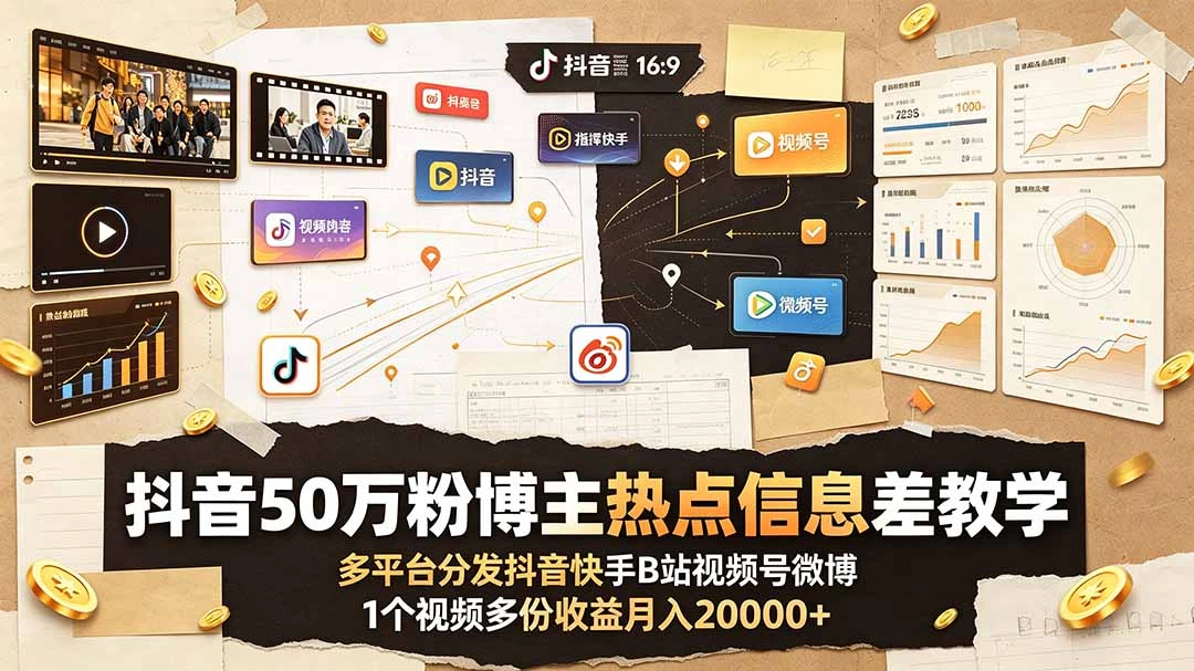 抖音50万粉博主热点信息差教学：多平台分发抖音快手B站视频号微博，1个视频多份收益月入20000+-科技美南博客