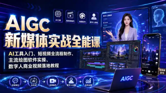 AIGC新媒体实战全能课|AI工具入门、短视频全流程制作、主流绘图软件实操、数字人商业视频落地教程
