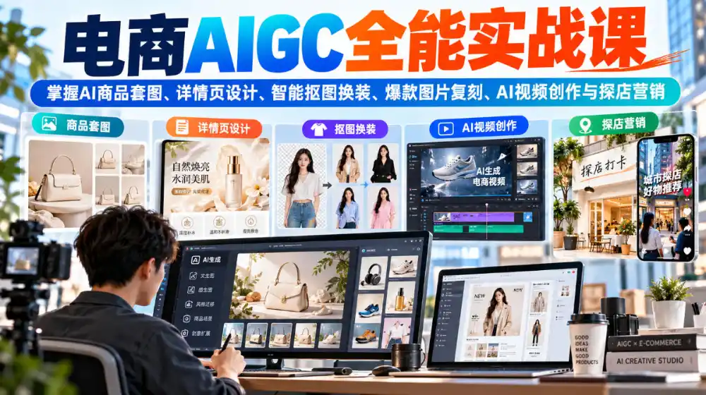 电商AIGC全能实战课:掌握AI商品套图、详情页设计、智能抠图换装、爆款图片复刻、AI视频创作与探店营销-科技美南博客