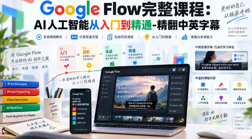 【无水印】Google Flow完整课程：AI人工智能从入门到精通-精翻中英字幕-科技美南博客