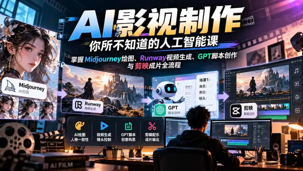 【无水印】AI影视制作-你所不知道的人工智能课,掌握Midjourney绘图、Runway视频生成、GPT脚本创作与剪映成片全流程-科技美南博客