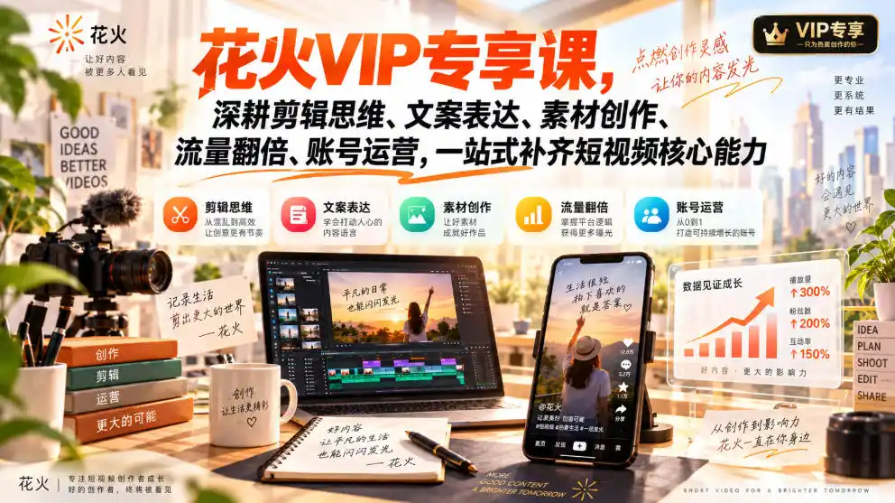 花火VIP专享课，深耕剪辑思维、文案表达、素材创作、流量翻倍、账号运营，一站式补齐短视频核心能力-科技美南博客