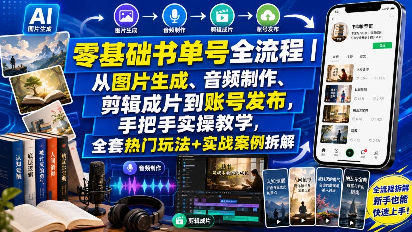 零基础书单号全流程｜从图片生成、音频制作、剪辑成片到账号发布，手把手实操教学，全套热门玩法+实战案例拆解-科技美南博客