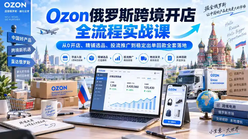 Ozon俄罗斯跨境开店全流程实战课|从0开店、精铺选品、投流推广到稳定出单回款全套落地