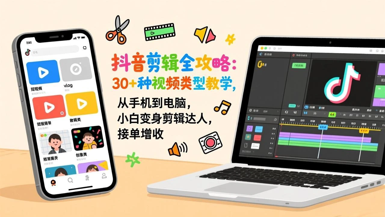 抖音剪辑全攻略：30+种视频类型教学，从手机到电脑，小白变身剪辑达人，接单增收-科技美南博客