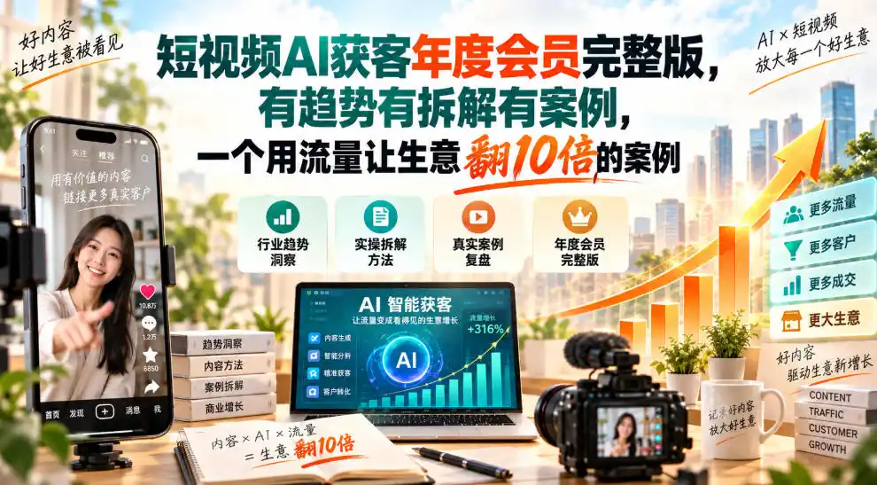 短视频AI获客年度会员完整版，有趋势有拆解有案例，一个用流量让生意翻10倍的案例-科技美南博客