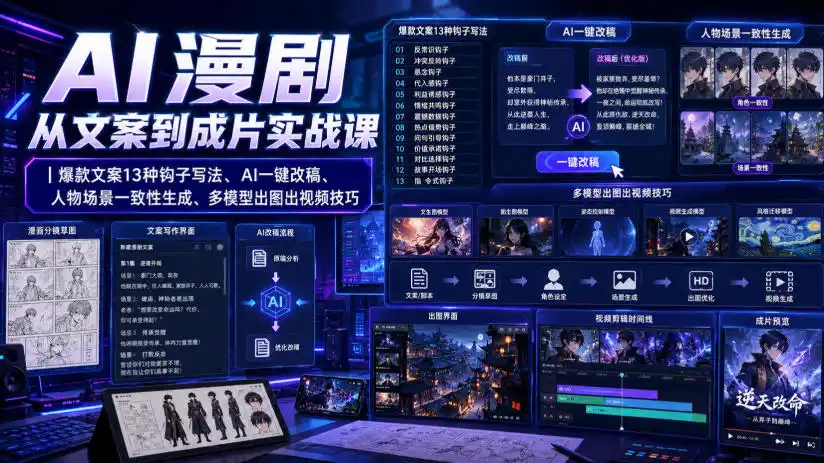 AI漫剧从文案到成片实战课｜爆款文案13种钩子写法、AI一键改稿、人物场景一致性生成、多模型出图出视频技巧-科技美南博客